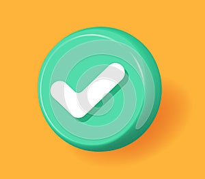 Check mark icon 3d render graphic vector, green white tick box checkmark illustration, three dimensional cartoon checkbox done