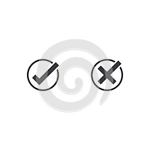 Check mark icon. Approve and cancel symbol for design project. Flat button yes and no. Good and bad. Appove and cancel button