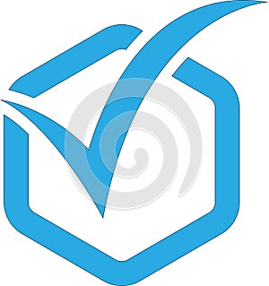 Check mark icon in a circle. Tick symbol in blue color, vector illustration.