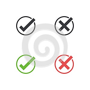 Check mark icon set. Approve and cancel symbol for design project. Flat button yes and no. Good and bad. Appove and cancel button