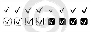 Check mark icon set. Black check mark box vector icons set. Approval checklist symbol. Dry brush effect. Checked marks tick sign