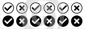 Check mark icon set. Cross mark icons set. Vector stock template. Black and white