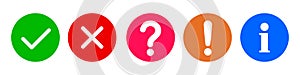 Check mark icon set, cross, question mark and exclamation point, information sign, query FAQ, tick, finding the answers mark, help