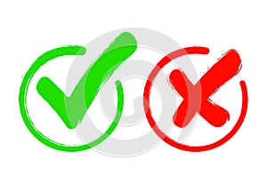 Check mark icon set. Gree tick and red cross flat simbol. Check ok, YES or no, X marks for vote, decision, web.Correct and