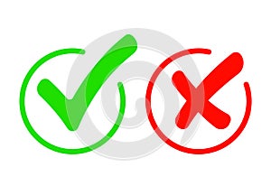 Check mark icon set. Gree Tick and red cross flat simbol. Check ok, YES or no, X marks for vote, decision, web. vector