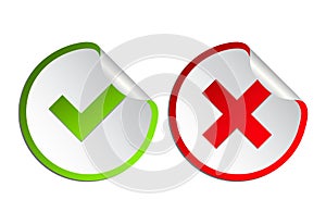 Check mark icon set. Gree Tick and red cross flat simbol. Check ok, YES or no, X marks for vote, decision, web. vector eps10