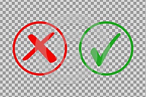 Check mark icon set. Green tick and red cross flat simbol. Check ok, YES or no