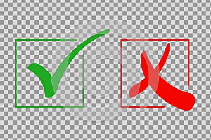 Check mark icon set. Green tick and red cross flat simbol. Check ok, YES or no