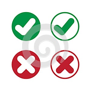 Check mark icon set, Green tick and red cross flat symbol, Correct and incorrect sign, Simple design for web site, logo, app, UI