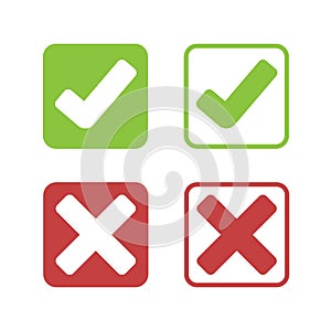 Check mark icon set, Green tick and red cross flat symbol, Correct and incorrect sign, Simple design for web site, logo, app, UI