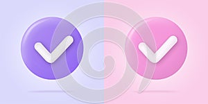 Check mark icon in trendy 3d style on blue button. White checkmark symbol. Vector illustration