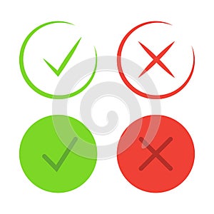 Check mark icons. Thin line. Symbols of approving and declining. Check tick in green color and reject symbol in red color. Vector