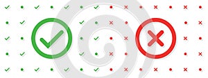 Check mark icons for web. Check mark signs in green and red colors. Yes no web buttons. Vector illustration