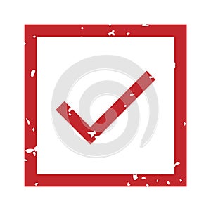 Check mark rubber stamp. Accepted red steal in square frame imprint with scratched texture. Rubber sign
