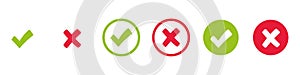 Check mark and x set icon. Simple web buttons. Checkmarks and x or confirm. Round checkmark