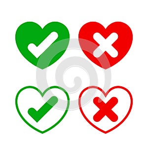 Check mark sign in heart shape isolated on white, checkmark yes or no vote in speech box symbol, correct choice x or confirm and