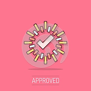 Check mark sign icon in comic style. Confirm button cartoon vector illustration on isolated background. Accepted splash effect