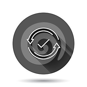Check mark sign icon in flat style. Confirm button vector illustration on black round background with long shadow effect. Accepted