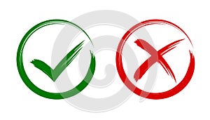 Check mark, tick and cross brush signs, green checkmark OK and red X icons, symbols YES and NO button for vote, decision