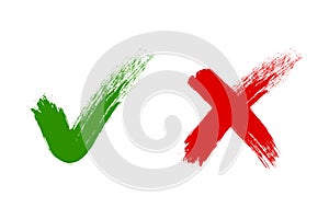 Check mark, tick and cross brush signs, green checkmark OK and red X icons, symbols YES and NO button for vote, decision