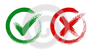 Check mark, tick and cross brush signs, green checkmark OK and red X icons, symbols YES and NO button for vote, decision