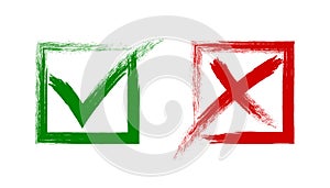 Check mark, tick and cross brush signs, green checkmark OK and red X icons, symbols YES and NO button for vote, decision