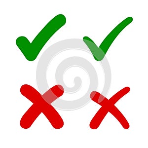 Check mark, tick and cross signs, green checkmark OK and red X icons, symbols YES and NO button for vote, decision