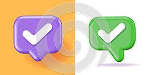 Check mark tick icon 3d vector chat bubble graphic, valid checkmark note message green purple yellow illustration set, correct