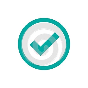 Check Mark. Valid Seal icon. white squared tick in blue circle. Flat OK sticker icon. Isolated on white