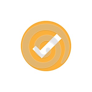 Check Mark. Valid Seal icon. white squared tick in orange circle. Flat OK sticker icon. Isolated on white.