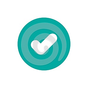 Check Mark. Valid Seal icon. white tick in blue circle. Flat OK sticker icon. Isolated on white