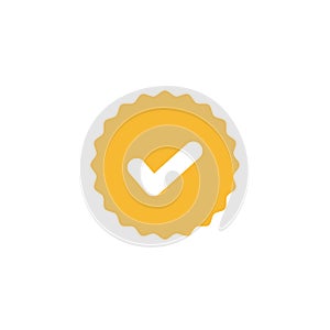 Check mark, white tick in yellow circle sign. Valid seal icon vector illustration