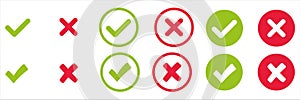 Check mark and x set icon. Simple web buttons. Checkmarks and x or confirm. Round checkmark