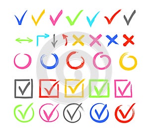 Check marks color vector illustrations set. Cross and arrow isolated design elements pack. Agree and disagree symbols