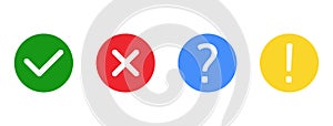 Check marks and cross mark set. Exclamation and question marks. Green tick and red cross in circle shape. YES or NO