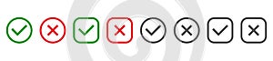 Check marks and cross mark set. Green tick and red cross in circle and square shape. YES or NO symbol. Concept of
