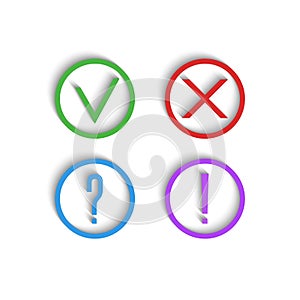 Check marks 3D icons. Green checkmark, red cross, exclamation mark and question mark. A collection of disambiguation tick for the