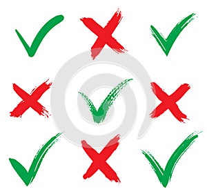 Check marks icons. accept and reject. Isolated on white background. Vector Illustration. Tick and cross brush signs.