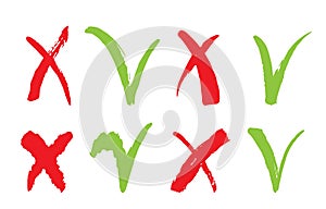 Check marks icons. Red cross and tick grunge set for web sites. Right and Wrong signs isolated on white background photo