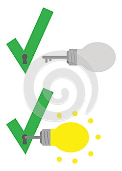 Check marks with keyholes and light bulb key unlocking