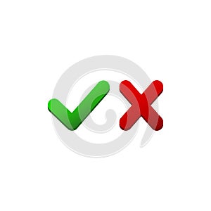 Check marks in red and green or tick, cross checkmarks flat icon on isolated white background. EPS 10 vector