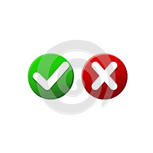 Check marks in red and green or tick, cross checkmarks flat icon on isolated white background. EPS 10 vector