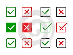 Check marks set. Green tick and red cross in different shapes. YES or NO accept and decline symbol. Vector icons for