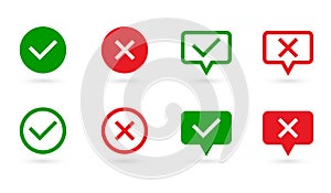 Check marks set. Green tick and red cross in speech bubble and circle shape. YES or NO symbol. Concept of checklist