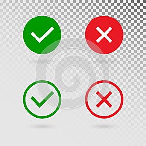 Check marks set on transparent background. Green tick and red cross in circle shapes. YES or NO accept and decline