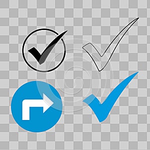 Check marks and turn right sign on transparent background.