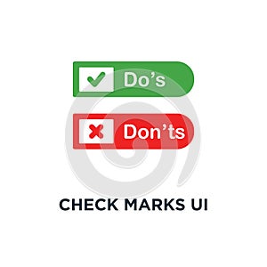 check marks ui button with dos and donts icon, symbol of poor or good test result or performance review concept simple style trend