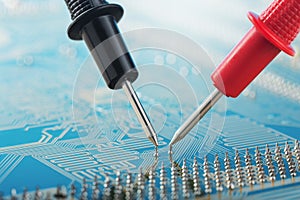 Check by multimeter, electronic circuit board of digital device with components. Troubleshooting in the electronic device