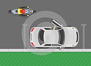 Check before opening doors. Driver opening the vehicle`s front door while motorcycle is approaches. Beware of the door zone.