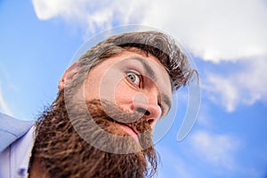 Check out my long beard. Ultimate moustache grooming guide. Hipster handsome bearded attractive guy bottom view. Expert